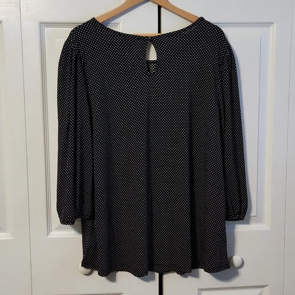 Adrianna Papell Womens Polka-dot Blouse Size 2X Keyhole Back 3/4 Sleeves Stretch
